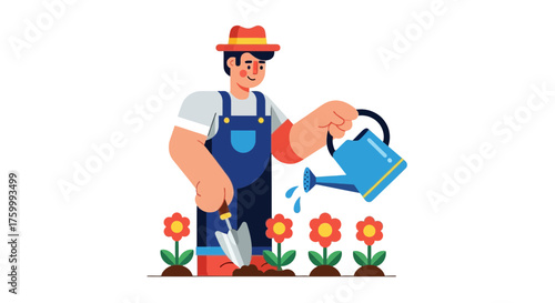 Gardener Watering Vibrant Flowers Cartoon Illustration With Isolated Black Background