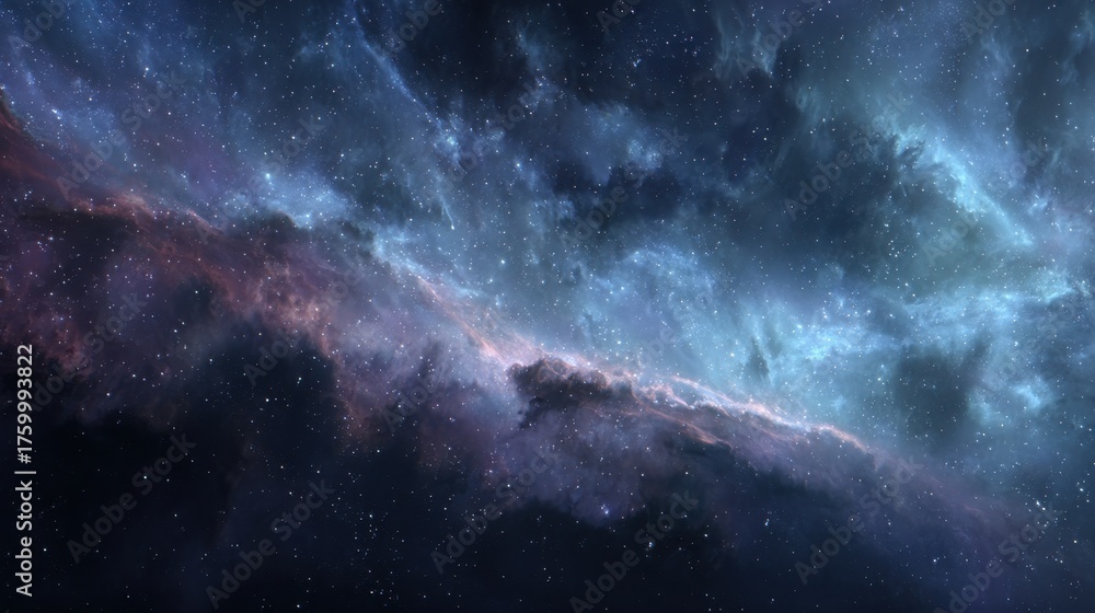 Fototapeta premium A starry sky with a purple cloud in the middle. The sky is filled with stars and the cloud is purple