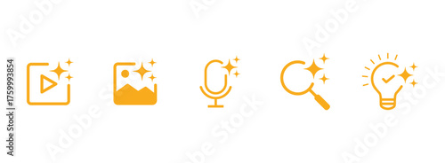 Collection of five glowing golden icons representing media playback music podcasting search and ideas isolated on transparent background