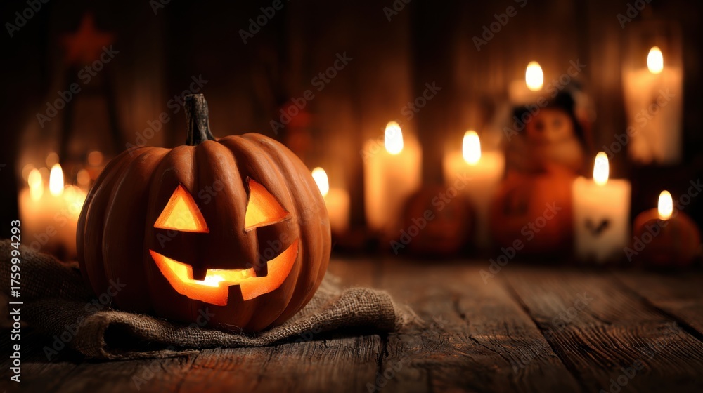 Fototapeta premium halloween pumpkin glowing by candlelight