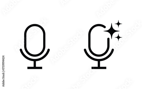 Two black outline microphones one clean and one with sparkling stars isolated on transparent background