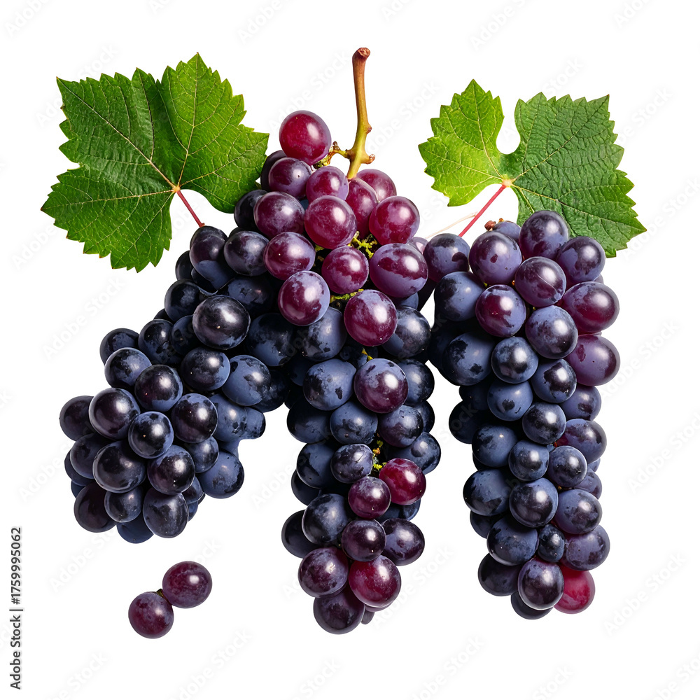 Fototapeta premium Close-up of three bunches of dark purple grapes with green leaves, isolated on black