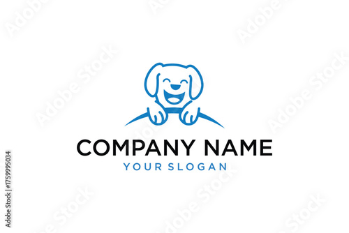 Smiling Blue Cartoon Dog Logo Design. Happy Pet Puppy Illustration for Company Branding and Slogan.