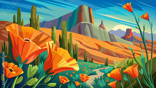 Very beautiful California poppy blooming in Picacho Peak State Park, Arizona, surrounded by golden desert hues and rugged mountains under a radiant blue sky, symbolizing springtime in the Southwest.
