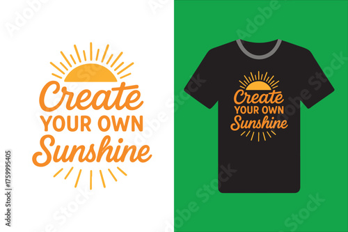Design mockup featuring a black t shirt and a vibrant sunshine graphic