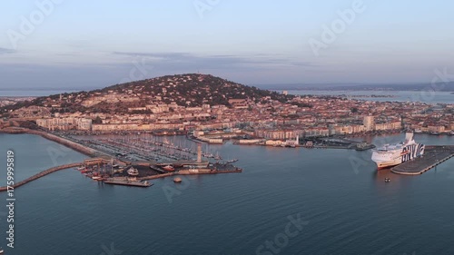 Aerial panorama of Mont Saint Clair de Sète at sunrise in Hérault in Occitanie, France