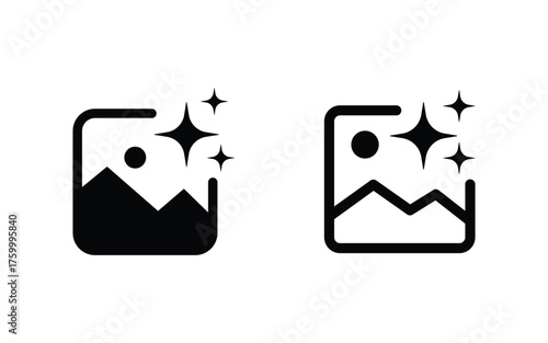 Two black icons representing a clean image or photo with sparkling stars isolated on transparent background