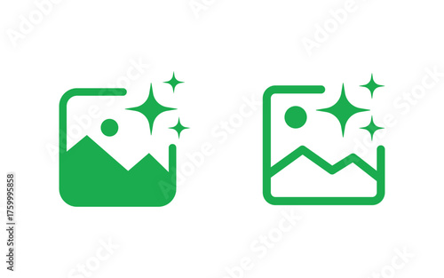 Two glowing green icons representing a clean image or photo with sparkling stars isolated on transparent background