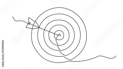 Continuous one line drawing of arrow in center of target. Single line art minimalist hand drawn vector illustration