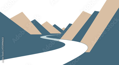 Geometric Landscape Depicting Mountains, Valleys, And A Winding Road At Night