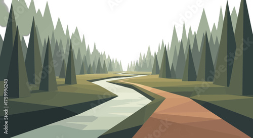Geometric Serene Forest Scene With Winding River Under Dark Night Sky