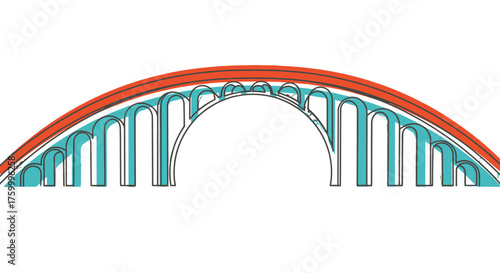 Graphic Illustration of An Architectural Bridge Design Featuring Arches and Bold Colors