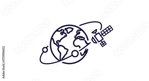 Global Communication Satellite Circulating The Earth Technology Illustration In Silhouette