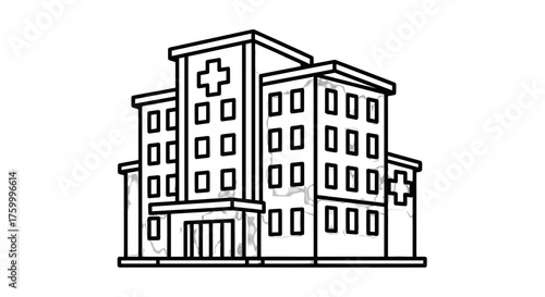 Hospital Building Rendered In Dark Style With Cross Emblem Isolated On Black Background