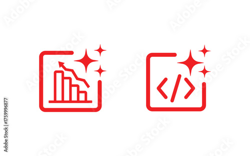 Two red neon glowing icons representing financial data analysis and coding programming language symbols isolated on transparent background