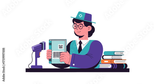 Illustration Of A Book Scanner And A Librarian Working In The Library Checkout Area