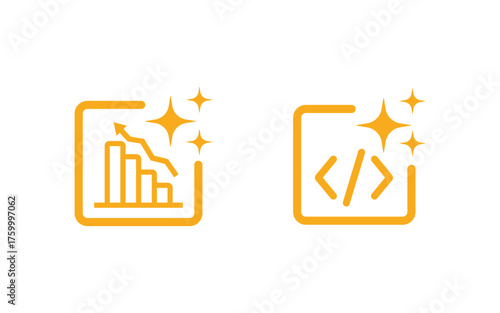 Two glowing Golden icons representing a downward trending bar graph and code brackets with sparkling stars isolated on transparent background