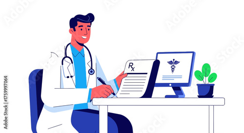 Illustration Of A Doctor Writing Prescription In His Office With A Smiling Face