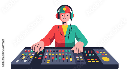 Illustration Of A Sound Engineer Adjusting The Soundboard, Colorful Geometric Design