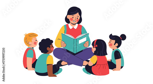 Illustration Of A Teacher Reading A Book To Adorable Children With Black Background