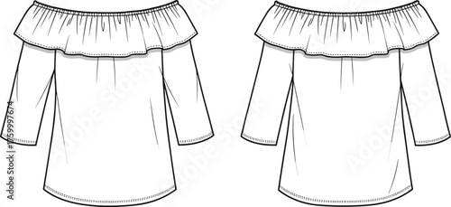 Off-shoulder blouse, fashion sketch, ruffled neckline, technical drawing, three-quarter sleeves, flounce detail, garment design, apparel illustration, sewing pattern, feminine style