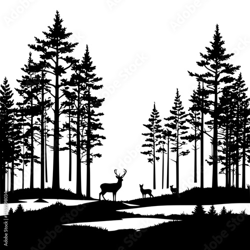 Deer family silhouette in forest landscape vector graphic illustration