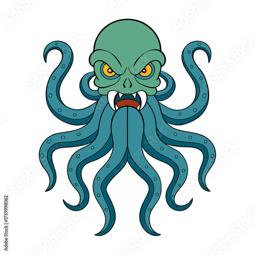 Fearsome green octopus monster with sharp teeth and yellow eyes isolated on white background