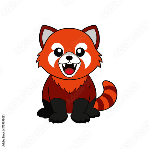 Cute cartoon red panda sitting and smiling with open mouth isolated on white background