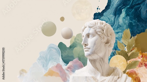 Classical sculpture with abstract modern art elements in surreal composition