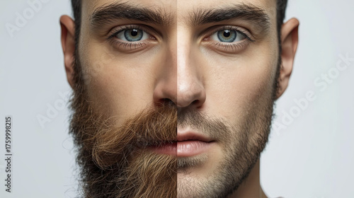 Striking image showcasing split face, one side featuring full beard and other side clean shaven, highlighting contrasting styles and expressions