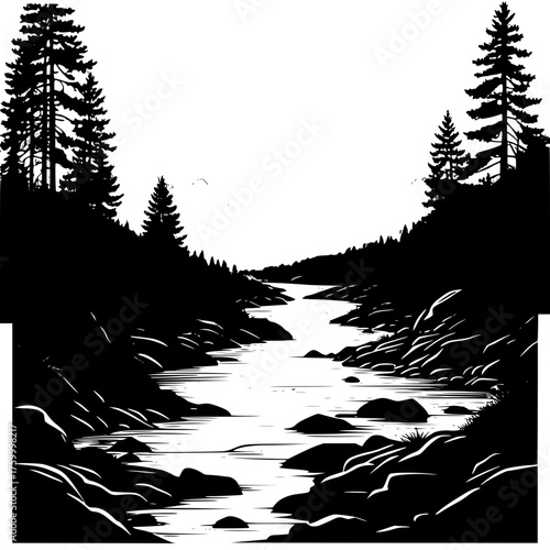 Black and white river flowing through forest landscape illustration silhouette