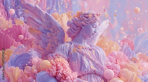 Ethereal angel surrounded by pastel clouds in a dreamlike scene