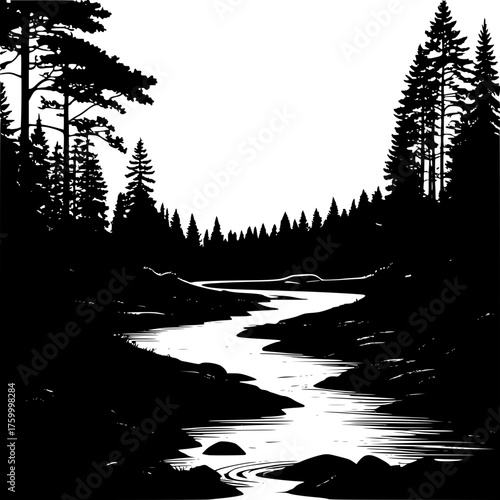 Black and white forest river landscape silhouette vector illustration