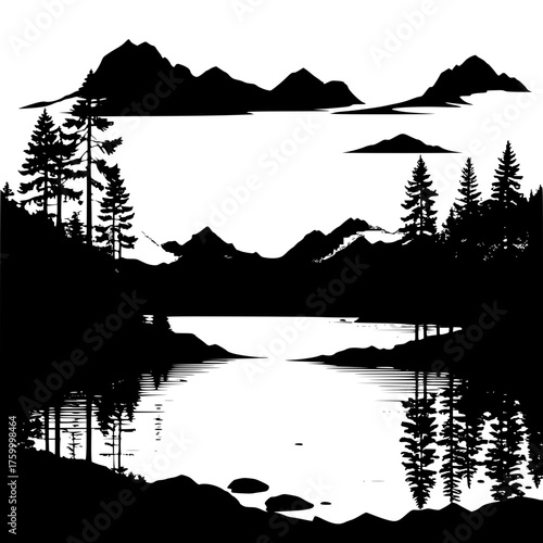 Lake landscape silhouette vector illustration with mountain and trees view