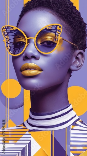 Vibrant fashion portrait with butterfly sunglasses and bold modern design elements