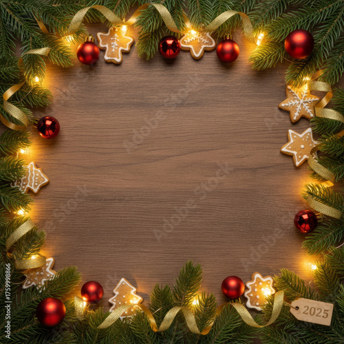 Festive square frame of fir branches, gingerbread, lights and red baubles
