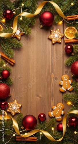Vertical Christmas flat-lay border on rustic wood with copy space