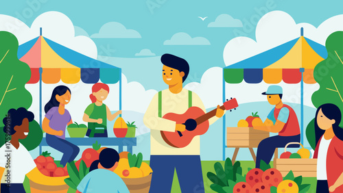 A lively farmers market scene with a musician playing guitar amidst vendors and customers enjoying fresh produce and a sunny day
