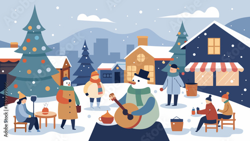 Festive winter scene with people enjoying outdoor activities in a snowy town square, featuring a snowman playing guitar and decorated christmas tree