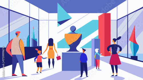 A modern art museum showcasing abstract sculptures and visitors admiring the exhibits, creating an atmosphere of creativity and intellectual curiosity