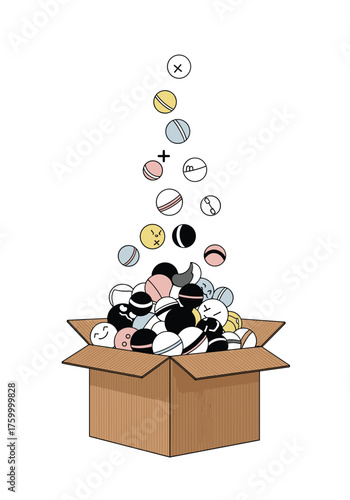 A plentiful overflow of small circular objects tumbling into an open cardboard box from above.