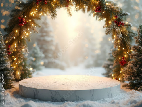 Elegant Christmas product display made of marble in the snow, with a Christmas wreath and a beautiful winter forest in the background.