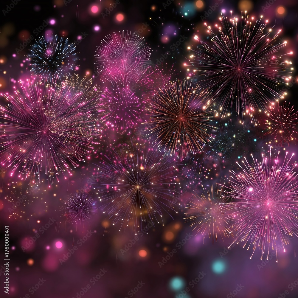 Fototapeta premium Vibrant pink and gold fireworks display celebrating a festive occasion, new year, or special event.