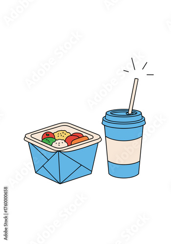 A refreshing beverage accompanies a nutritious meal box for a healthy lifestyle.