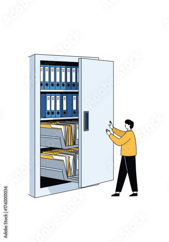 Man opening a filing cabinet filled with documents and folders for organized record keeping.