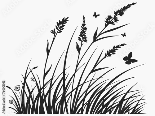 Meadow grass, a monochrome silhouette drawing of natural plants and wild flora on a windy day. Black and white graphic of a natural border, perfect for rustic and outdoor designs.