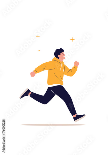 Active young man in yellow hoodie enjoying a vigorous run outdoors on a bright day.