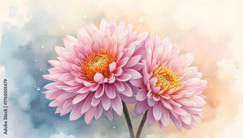Fototapeta premium Beautiful pink water lilies bloom against a soft pastel background with hints of blue and orange in a serene natural setting