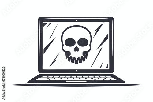 Black laptop screen displays spooky white skull with surrounding stars in simple style