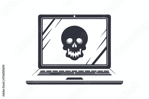 Computer displays a stark skull bisected with black and white hues in simple monochrome